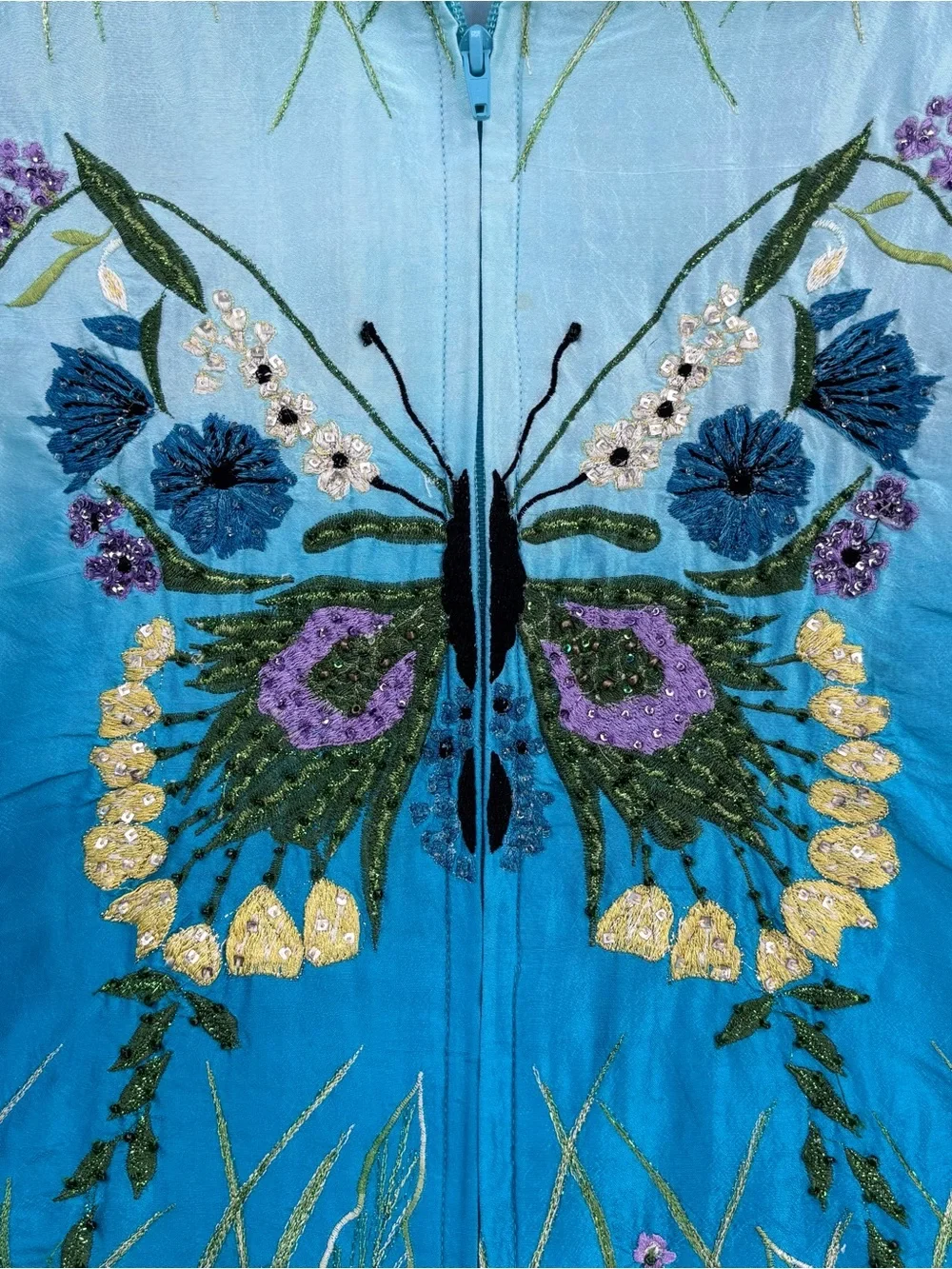 Anage 100% Silk Artsy Turquoise Ombré Beaded Embroidered Butterfly Jacket Size M